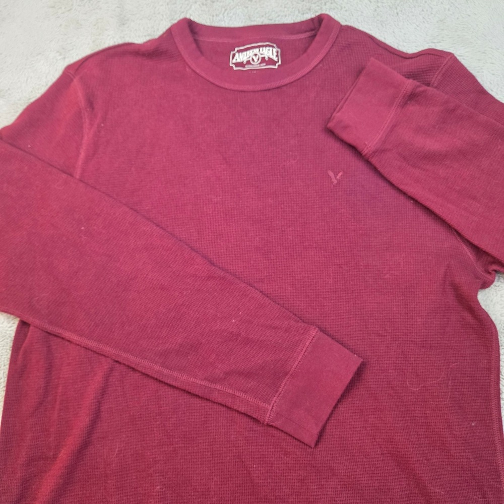 American Eagle Thermal Shirt Mens L Waffle Knit Crewneck Long Sleeve Maroon Red